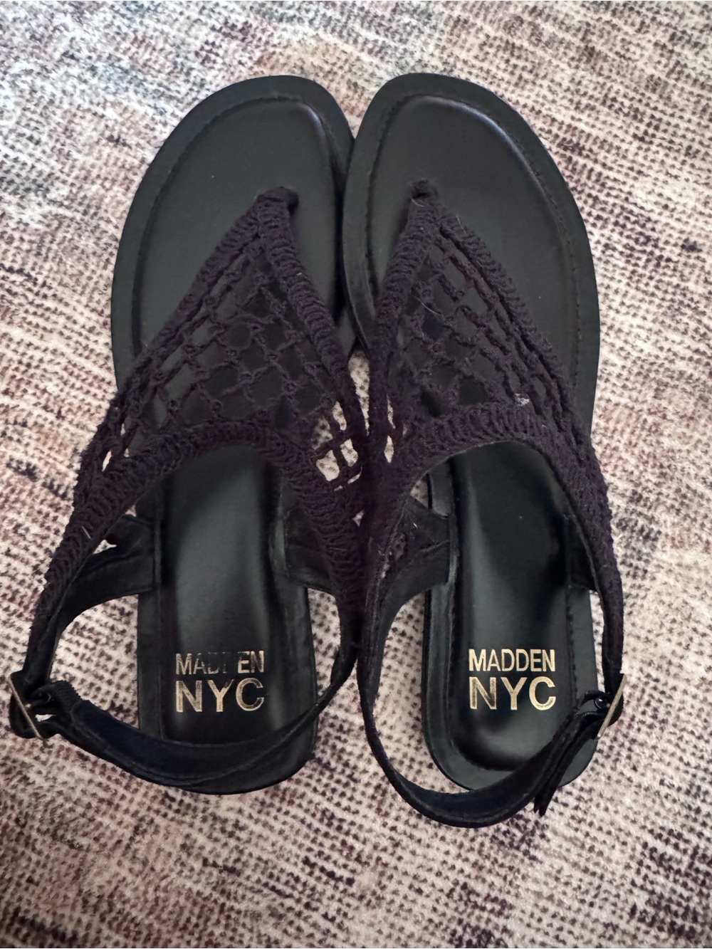 Madden NYC Black Crochet Thong Sandals with Adjustable Strap